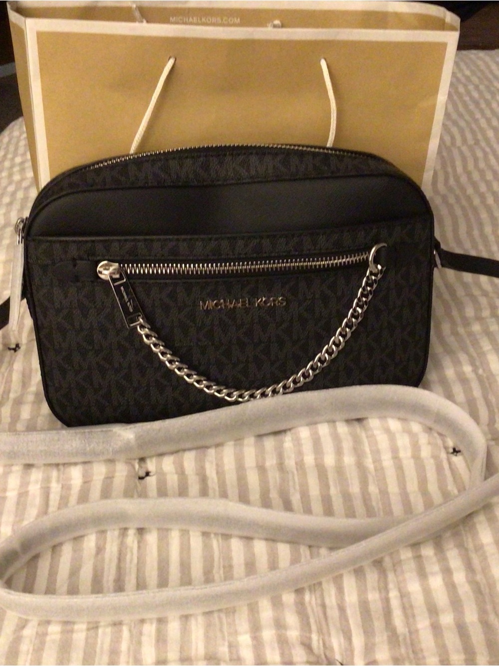 Michael Kors Black and Silver MK Logo Crossbody Bag with Chain Accent